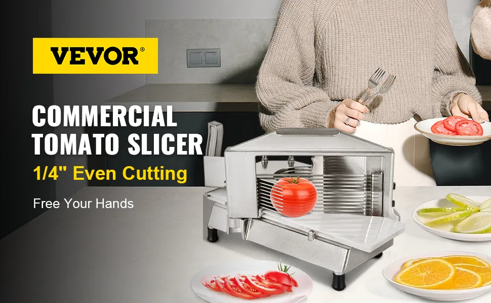 Cortadora de tomates comercial VEVOR con corte uniforme de 1/4", tomates y rodajas de limón en platos.