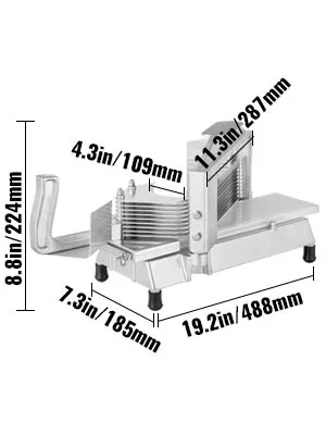 Dimensiones de la cortadora de tomates comercial VEVOR: 19,2 x 7,3 x 8,8 pulgadas con altura de hoja de 11,3 pulgadas.