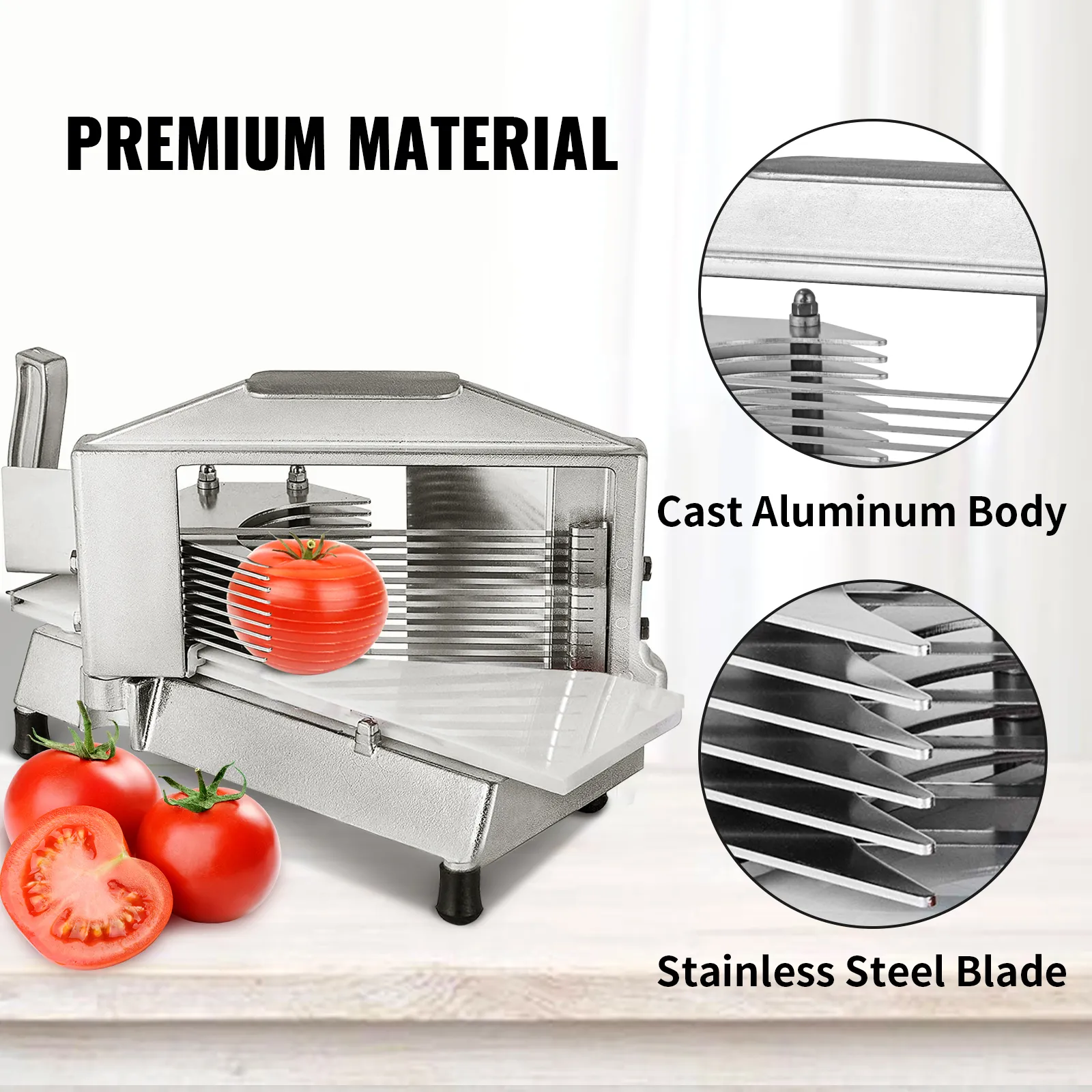 Cortadora de tomates comercial VEVOR con cuerpo de aluminio fundido y cuchilla de acero inoxidable.