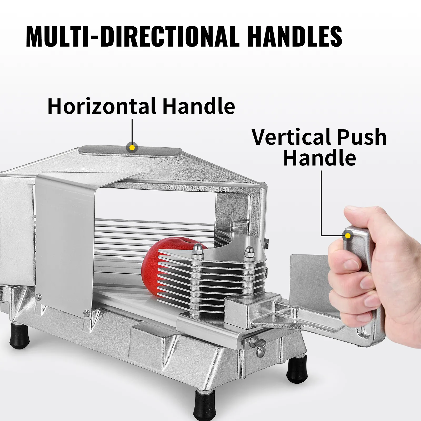 Cortadora de tomates comercial VEVOR con mangos multidireccionales para cortar tomates.