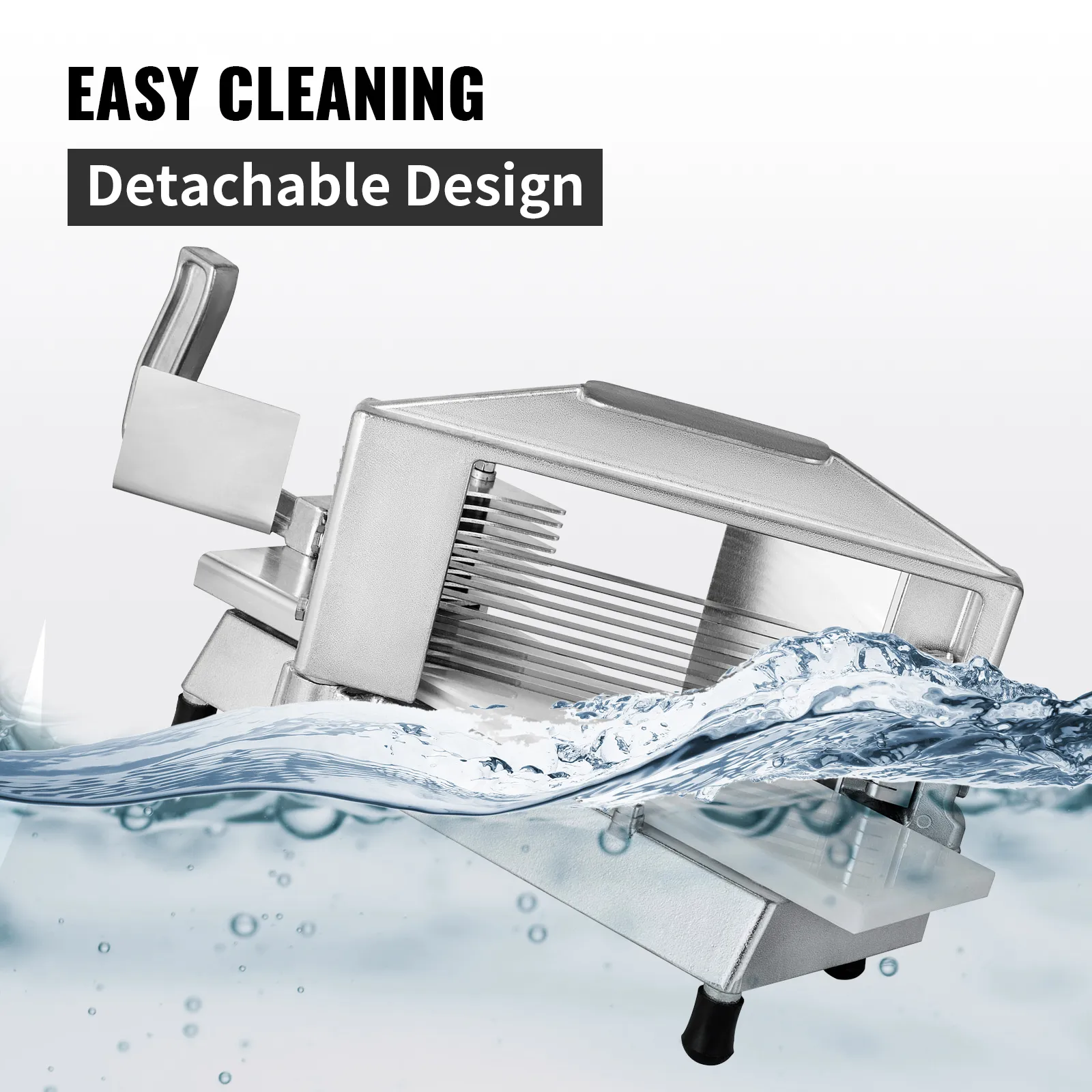 Cortadora de tomates comercial VEVOR con diseño desmontable para una fácil limpieza en agua.