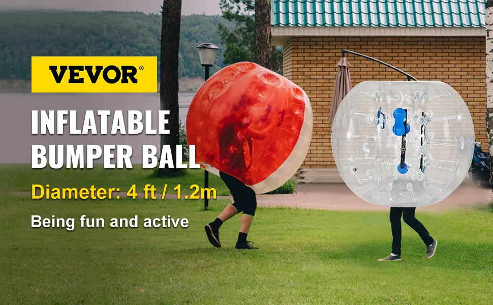 two people playing with VEVOR inflatable bumper balls outdoors on a grassy area.