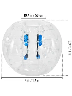 VEVOR inflatable bumper ball, 4 ft diameter with blue handles, dimensions labeled.