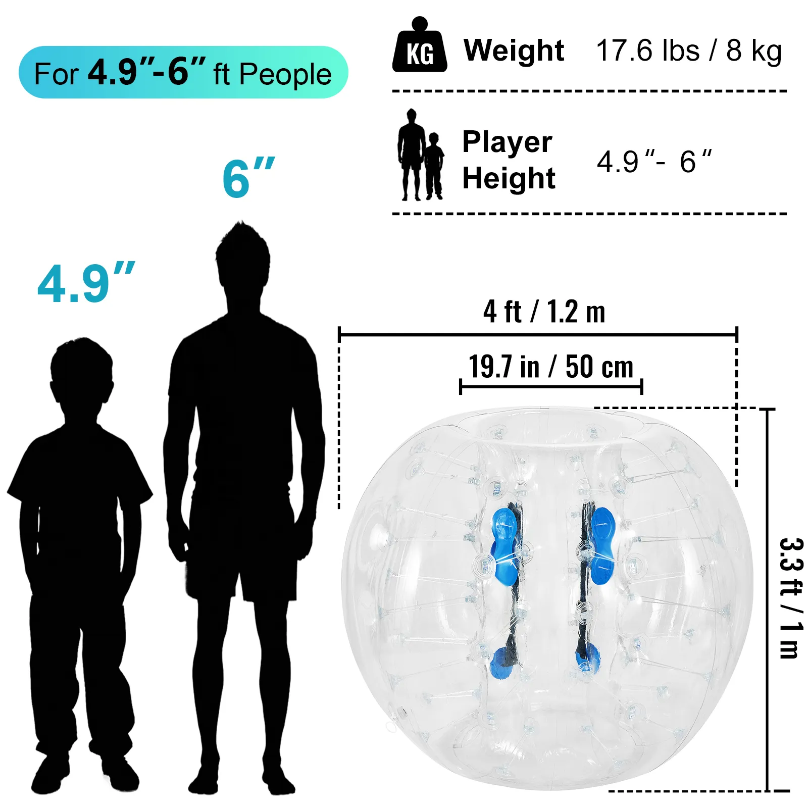 VEVOR inflatable bumper ball dimensions and recommended player height/weight.