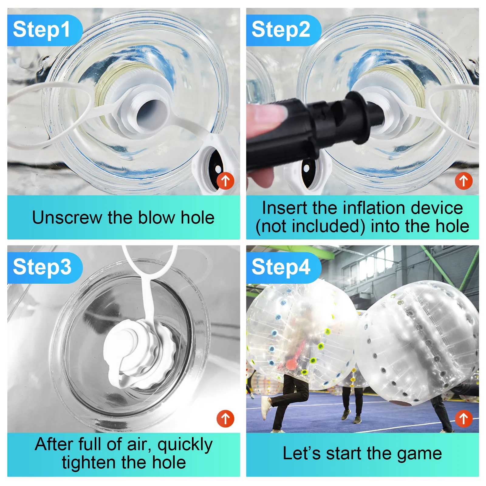 steps to inflate and use the VEVOR inflatable bumper ball.