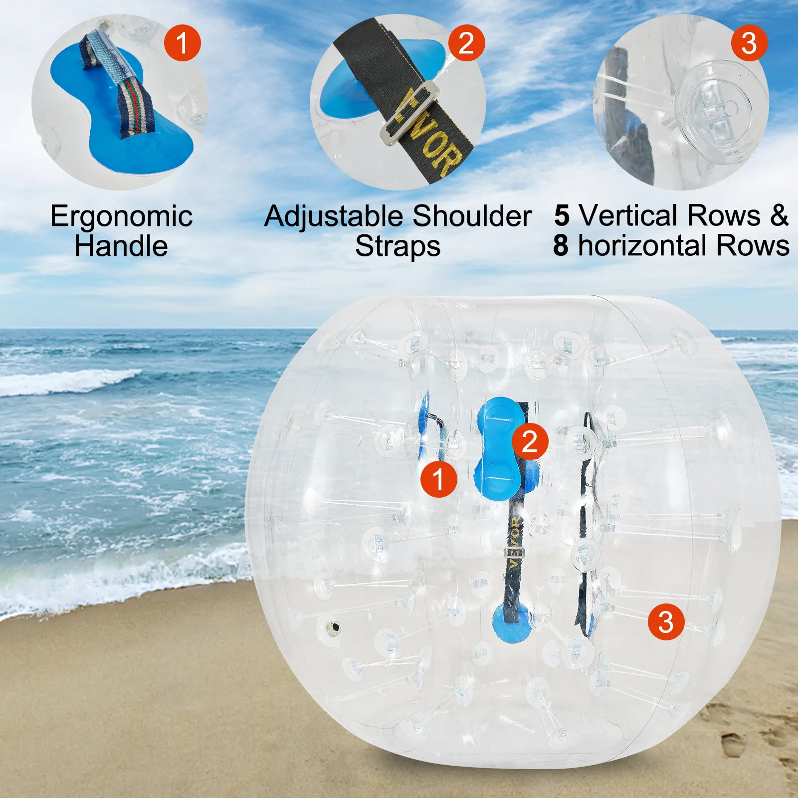 VEVOR inflatable bumper ball with ergonomic handle and adjustable shoulder straps.