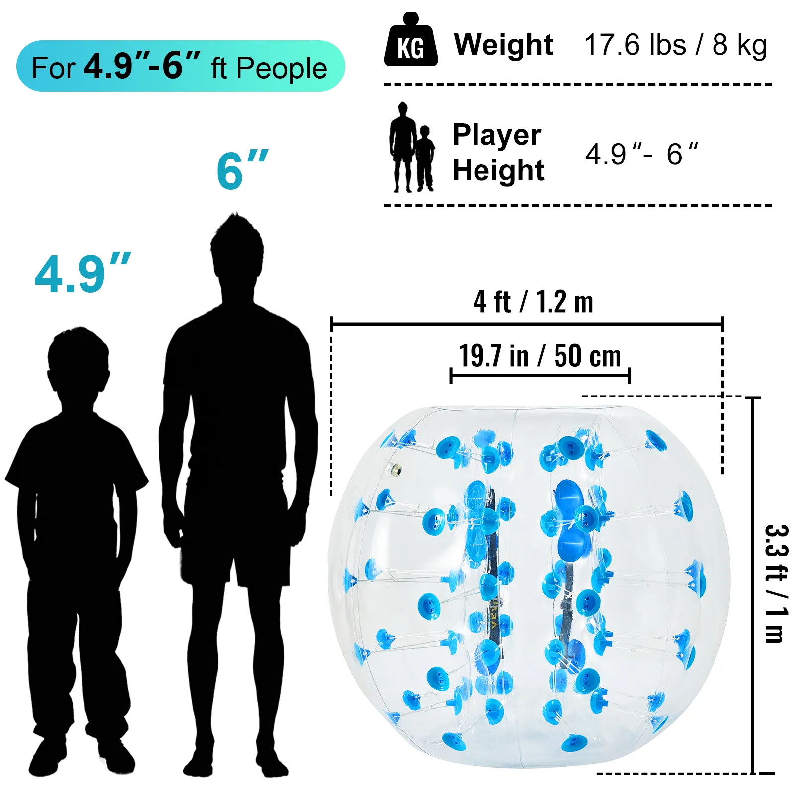 Nadmuchiwana piłka bumper VEVOR dla osób o wzroście 4,9"-6", waga 17,6 funta, średnica 4 stopy.