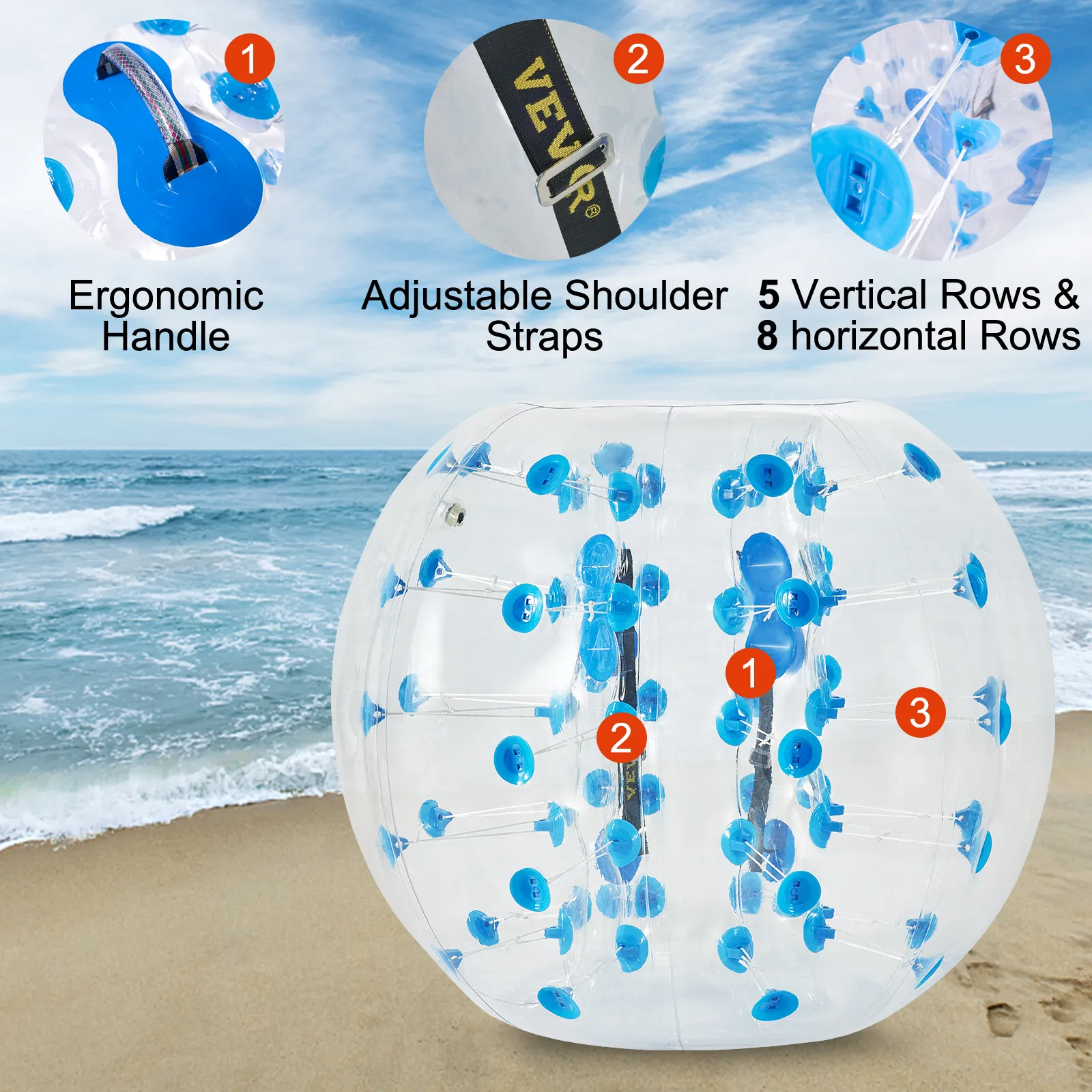 Nadmuchiwana piłka bumper VEVOR z ergonomicznym uchwytem i regulowanymi paskami na ramiona na plażę.