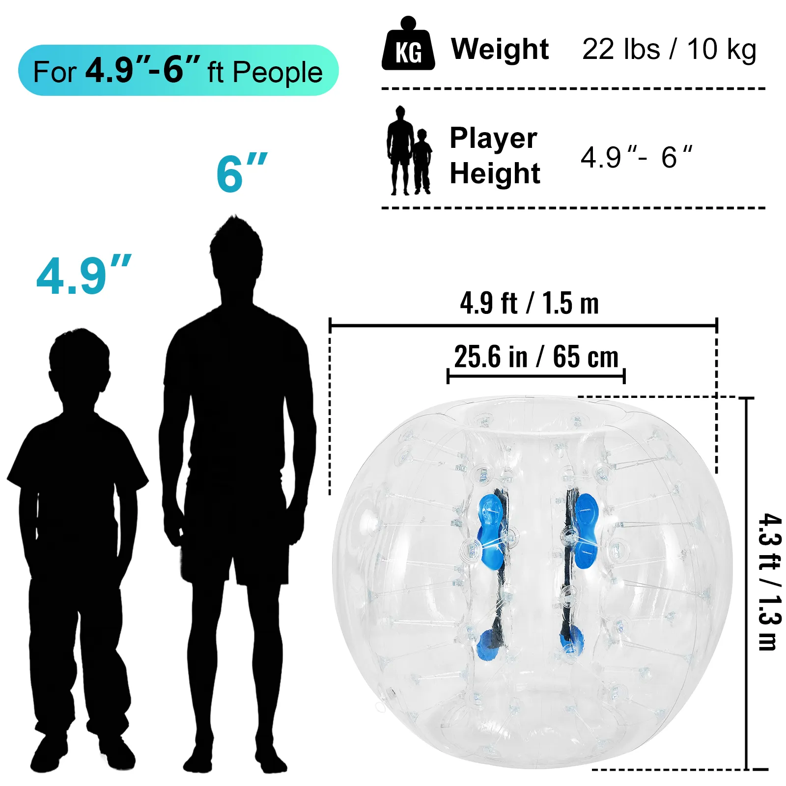 Pelota de parachoques inflable VEVOR para personas de 4,9 a 6 pies, pesa 22 libras, tamaño 4,9 pies x 4,3 pies.