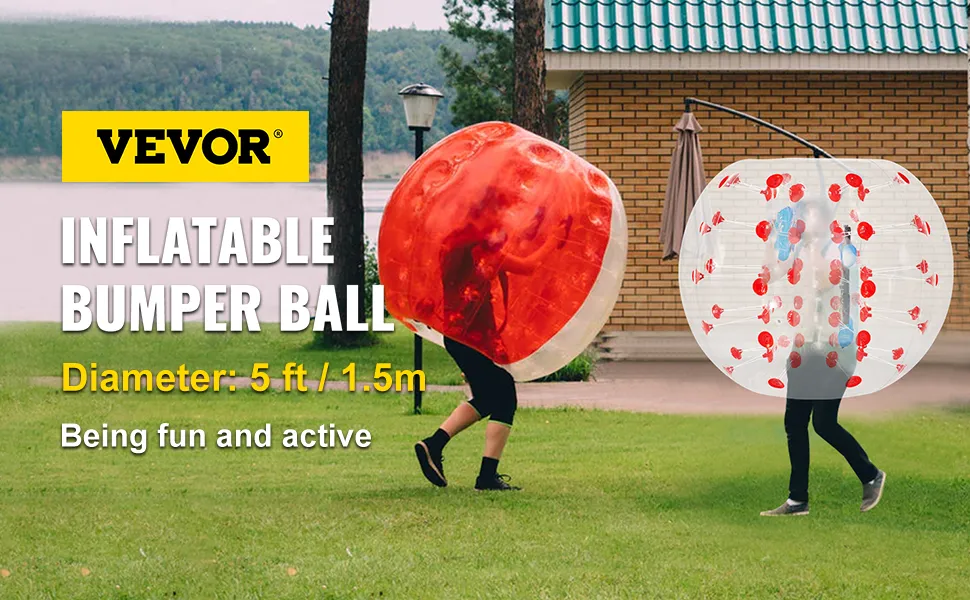 two people having fun in VEVOR inflatable bumper balls on grassy lawn.