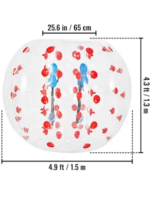 VEVOR inflatable bumper ball, 65 cm wide, 1.3 m tall, and 1.5 m in diameter, with red accents.