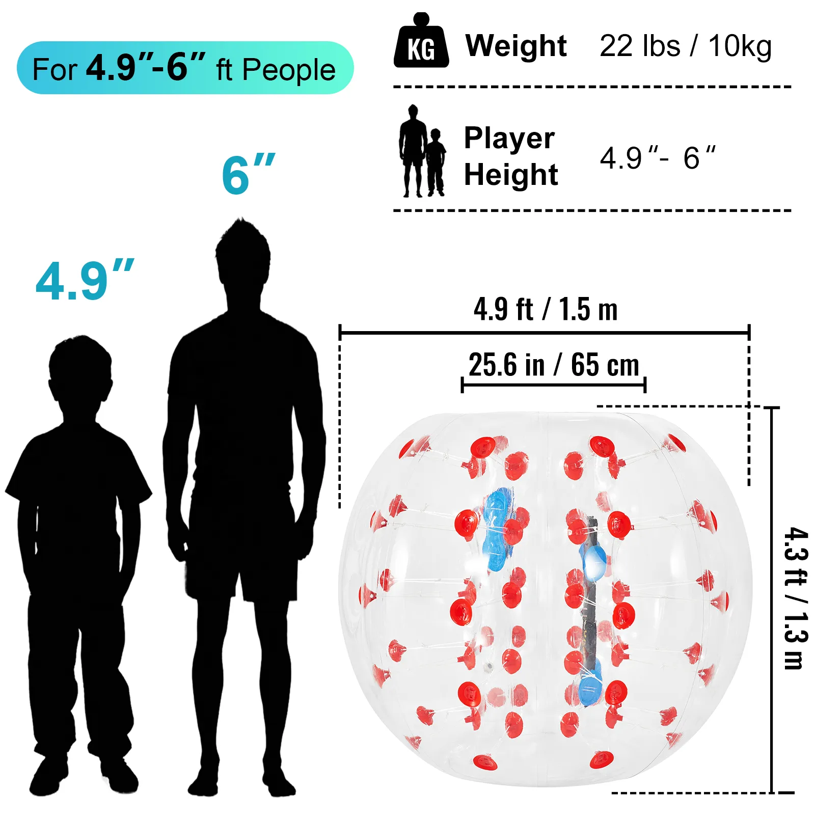 VEVOR inflatable bumper ball dimensions, player height 4.9-6 ft, weight 10 kg.