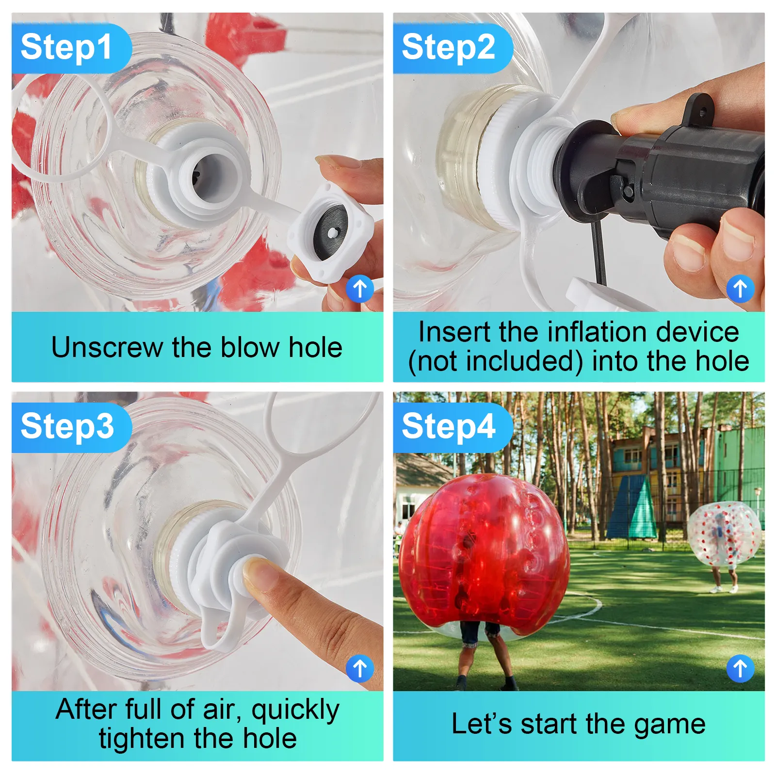 VEVOR inflatable bumper ball inflation steps: unscrew, insert pump, tighten, play.