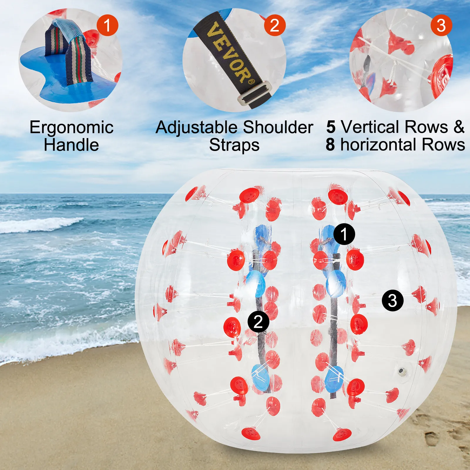 VEVOR inflatable bumper ball with adjustable shoulder straps on a beach.
