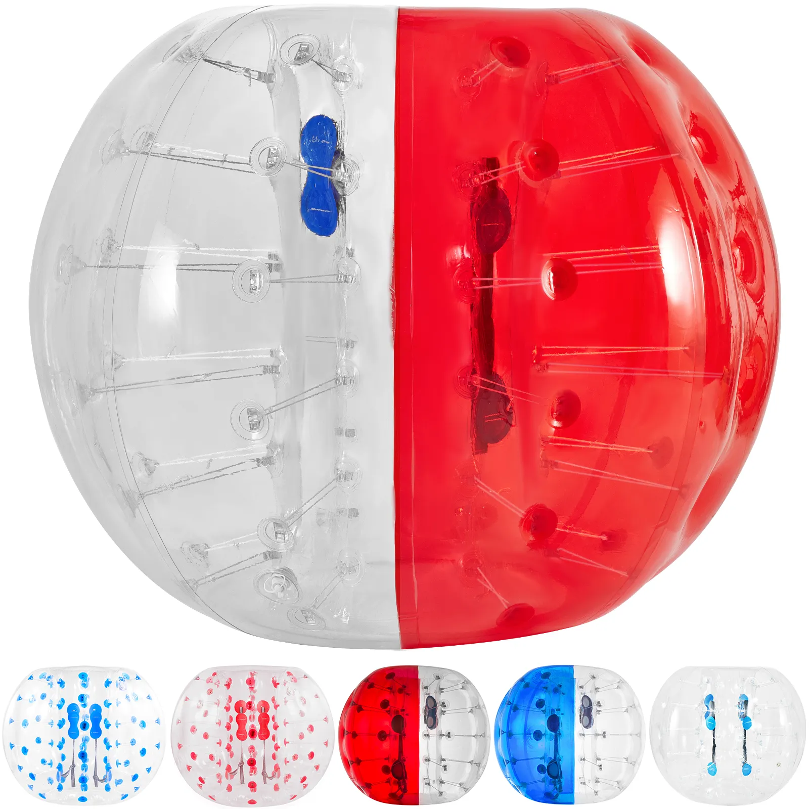 Pelota de parachoques inflable VEVOR en transparente con secciones rojas, que se muestra en cinco opciones de color.