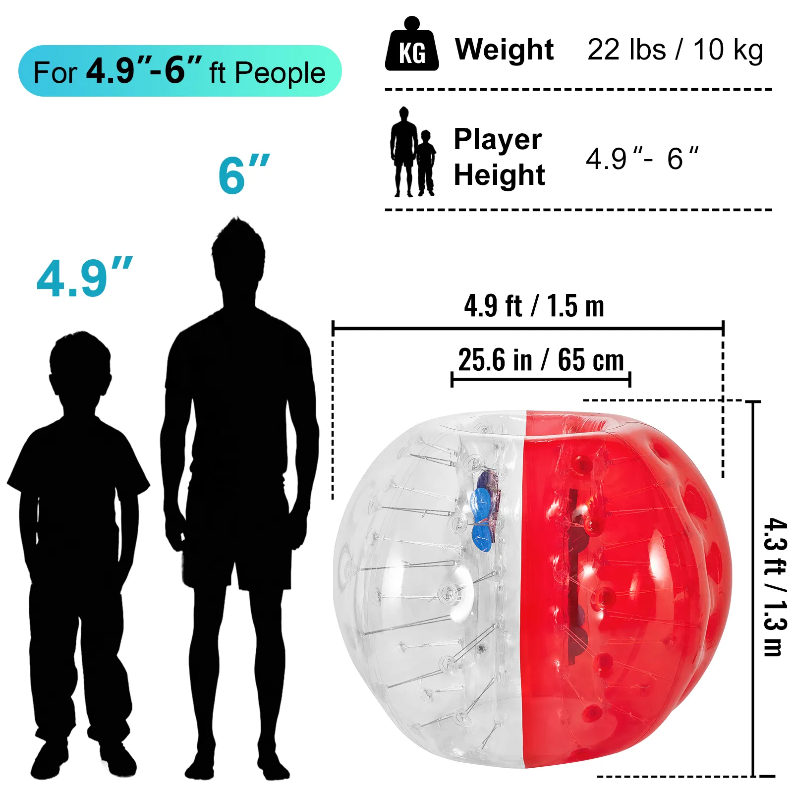 Pelota de choque inflable VEVOR para personas de 4,9 a 6 pies de alto y un peso de 22 libras/10 kg.