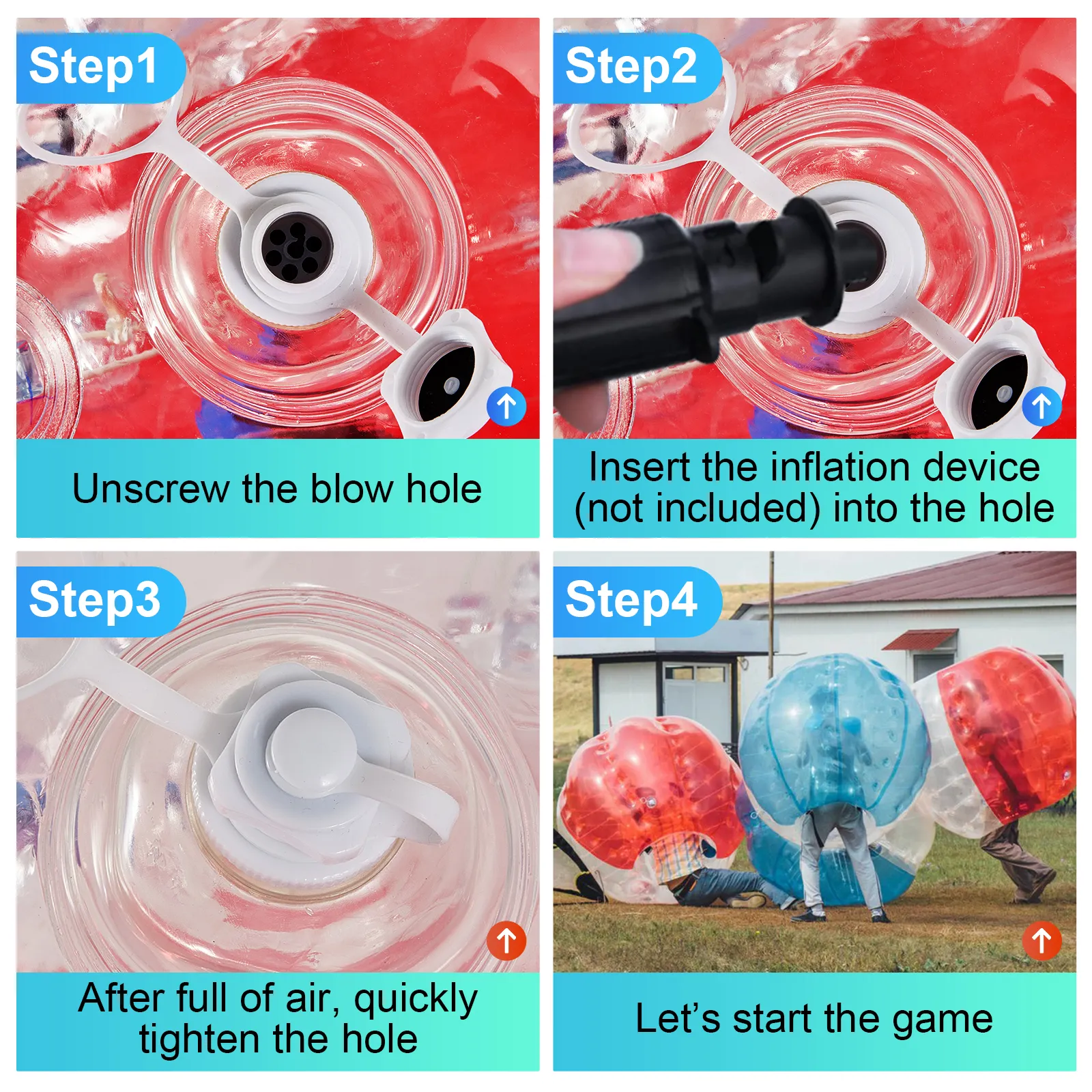 Pasos para inflar la pelota de parachoques inflable VEVOR: desenrosque el orificio de soplado, inserte el dispositivo.