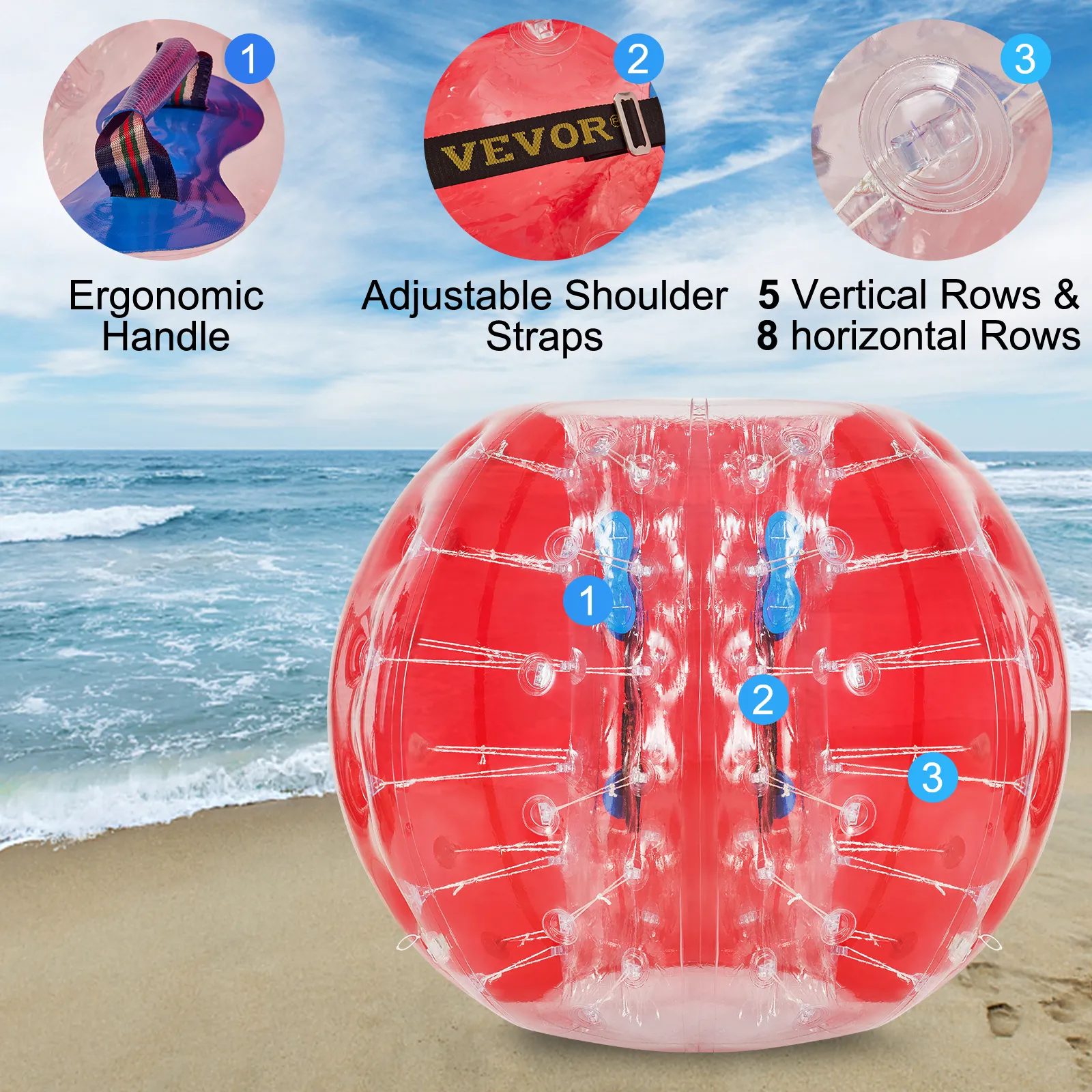 Pelota de choque inflable roja VEVOR con asas ergonómicas y correas de hombro ajustables.