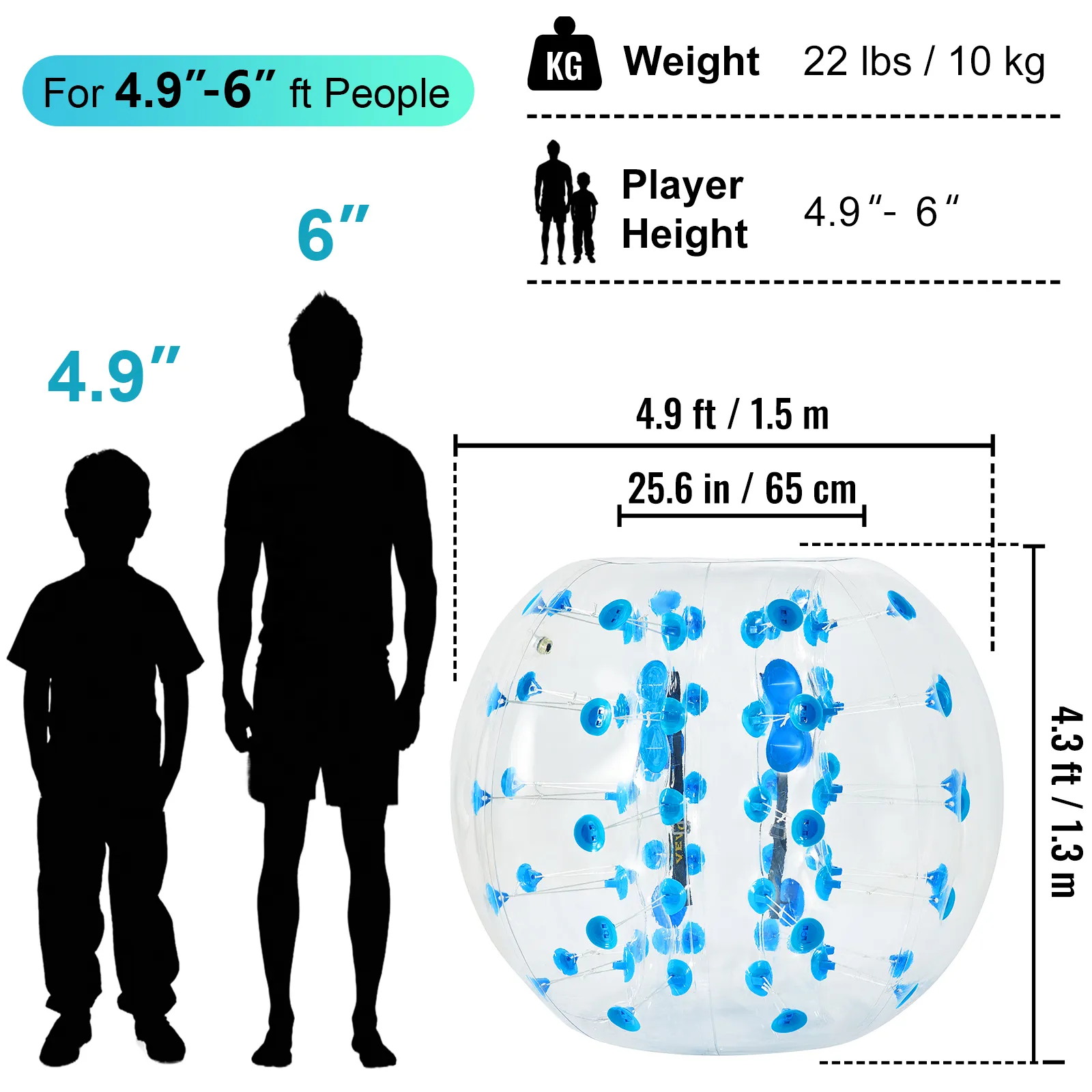Aufblasbarer Bumper Ball von VEVOR für Personen mit einer Größe von 12,5 bis 15,2 cm, Abmessungen und Gewichtsangaben.