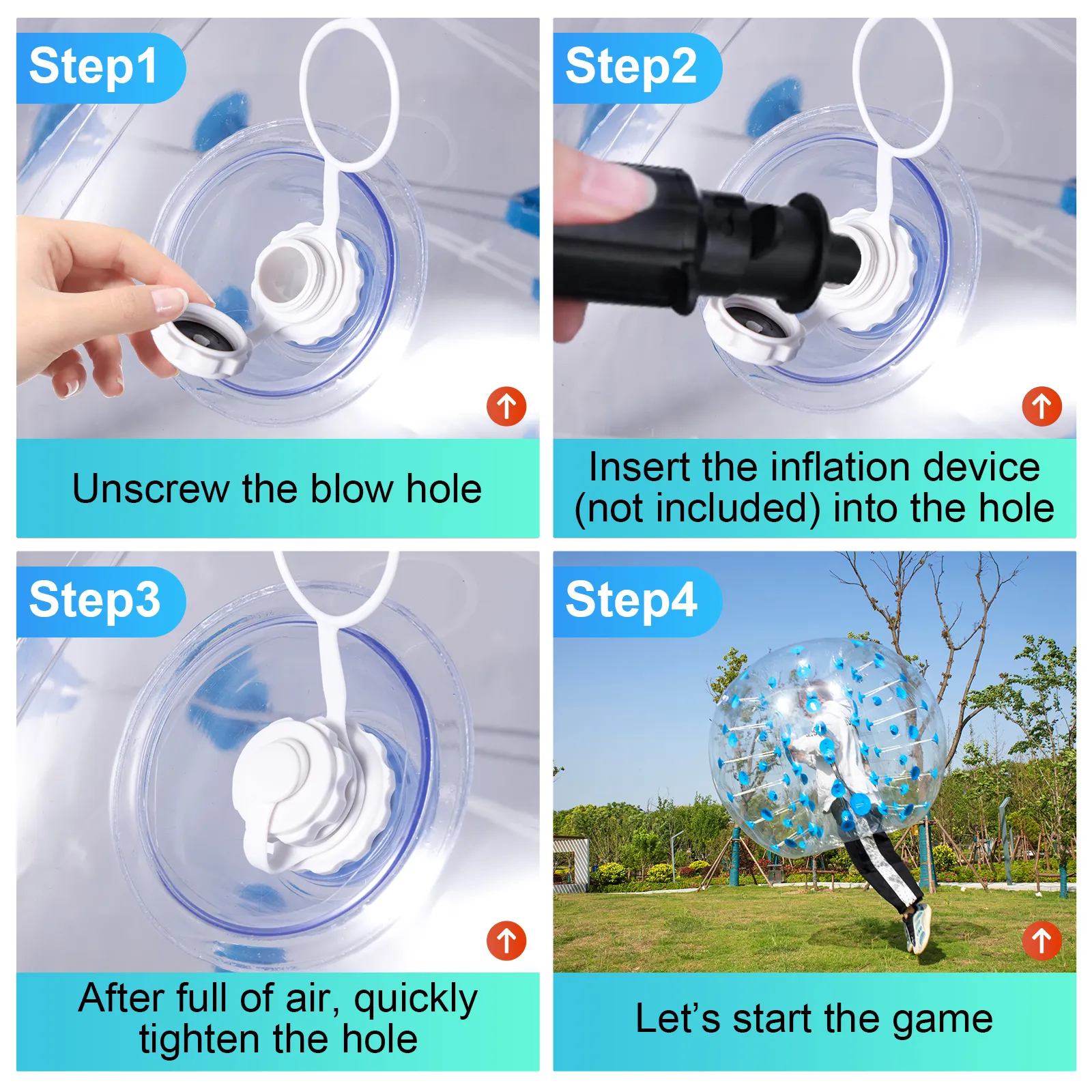 Anleitung zum Aufblasen des aufblasbaren Bumper Balls von VEVOR.