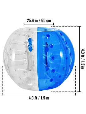 Pelota de choque inflable VEVOR en color azul y transparente con dimensiones marcadas.
