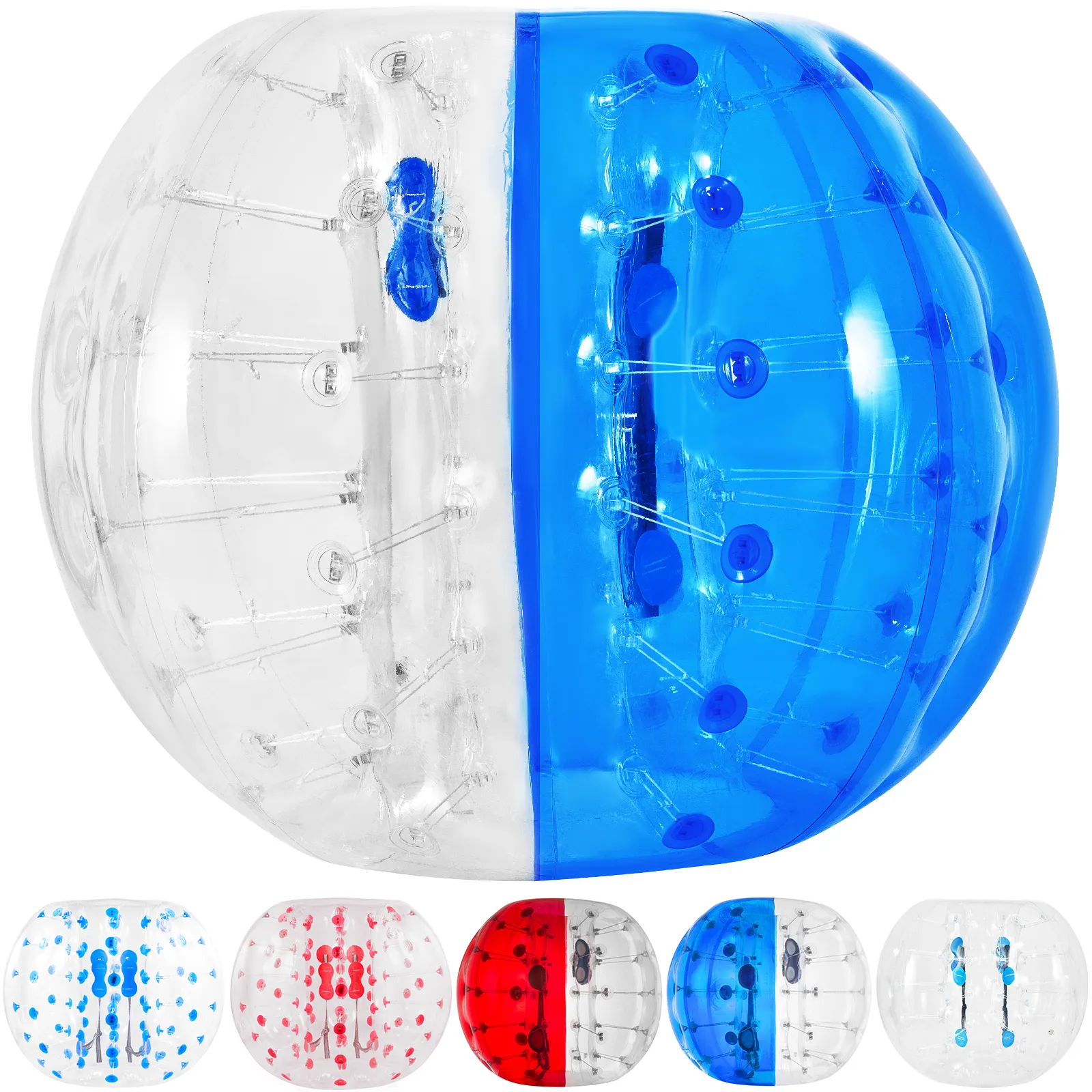 Pelota de parachoques inflable VEVOR en colores azul y transparente con variaciones que se muestran a continuación.