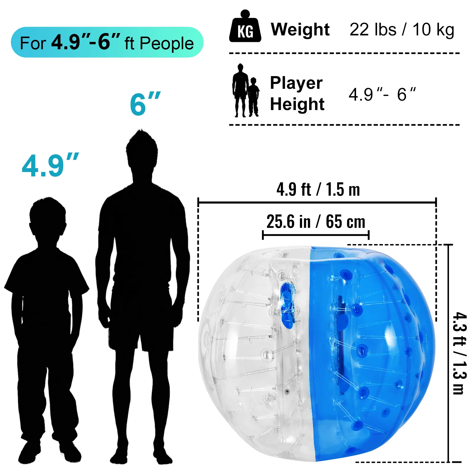 Guía de dimensiones y idoneidad de la pelota de parachoques inflable VEVOR para jugadores de 4,9 a 6 pulgadas.