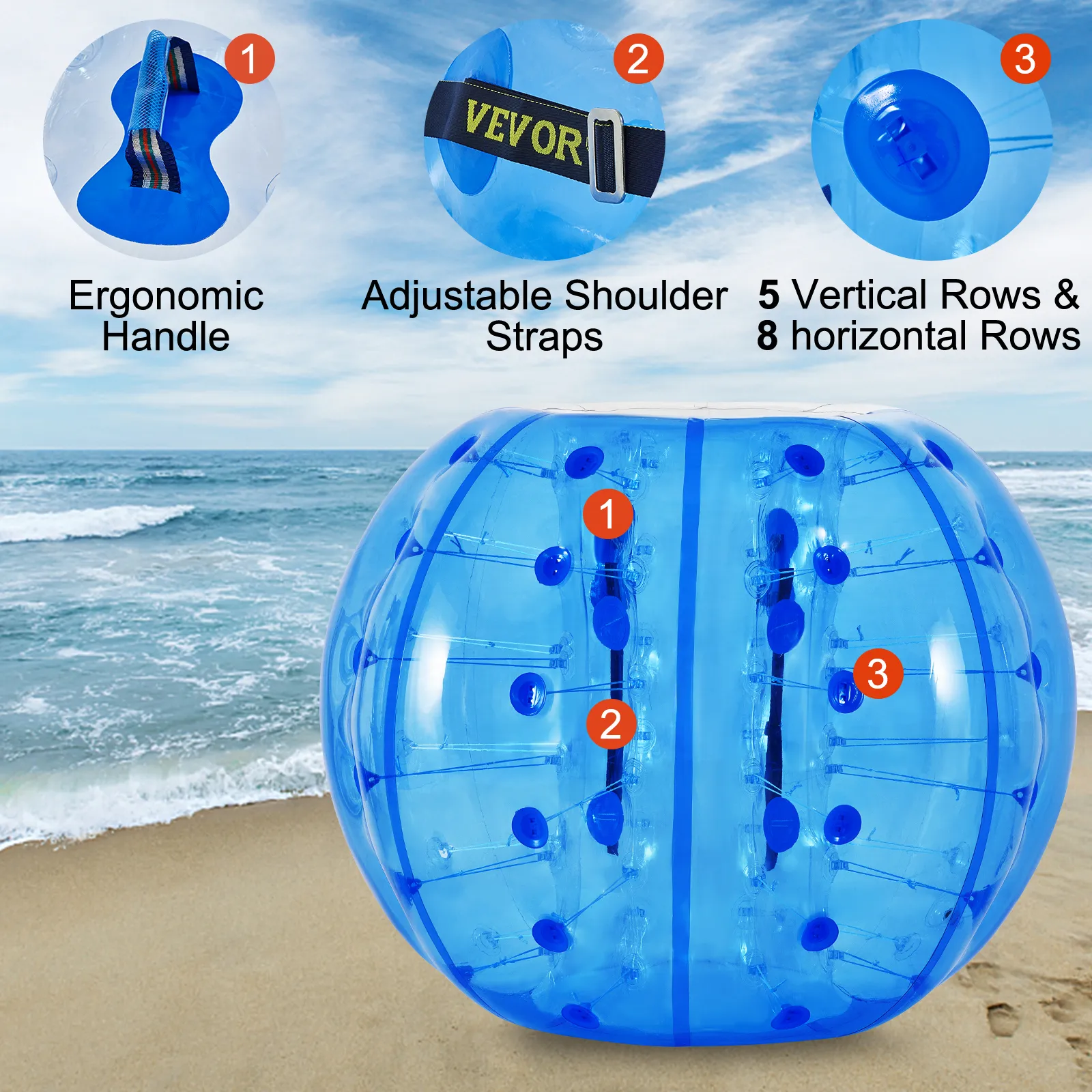 Pelota de choque inflable VEVOR con asas ergonómicas y correas de hombro ajustables.