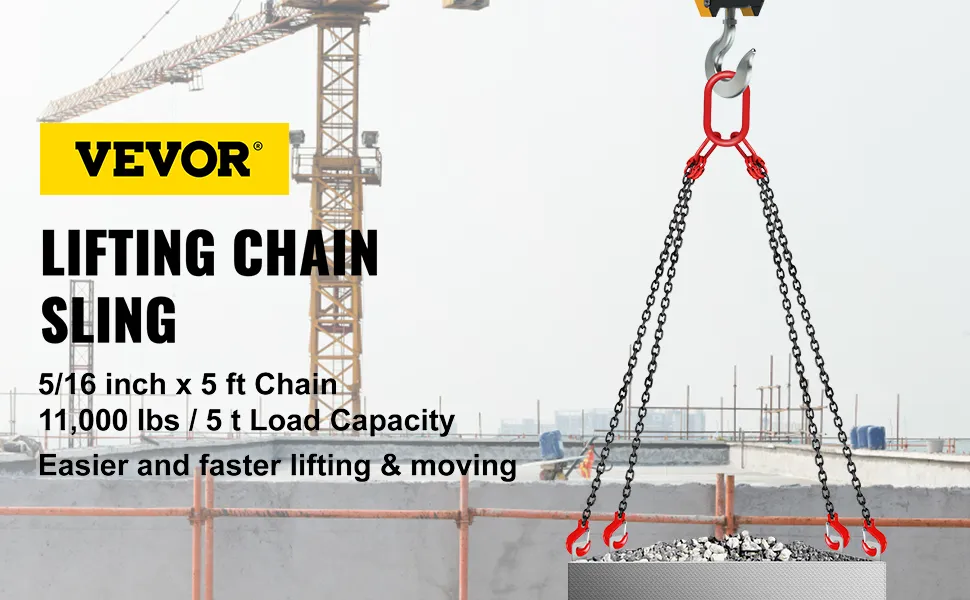 VEVOR lifting chain sling in use at a construction site with 11,000 lbs load capacity.