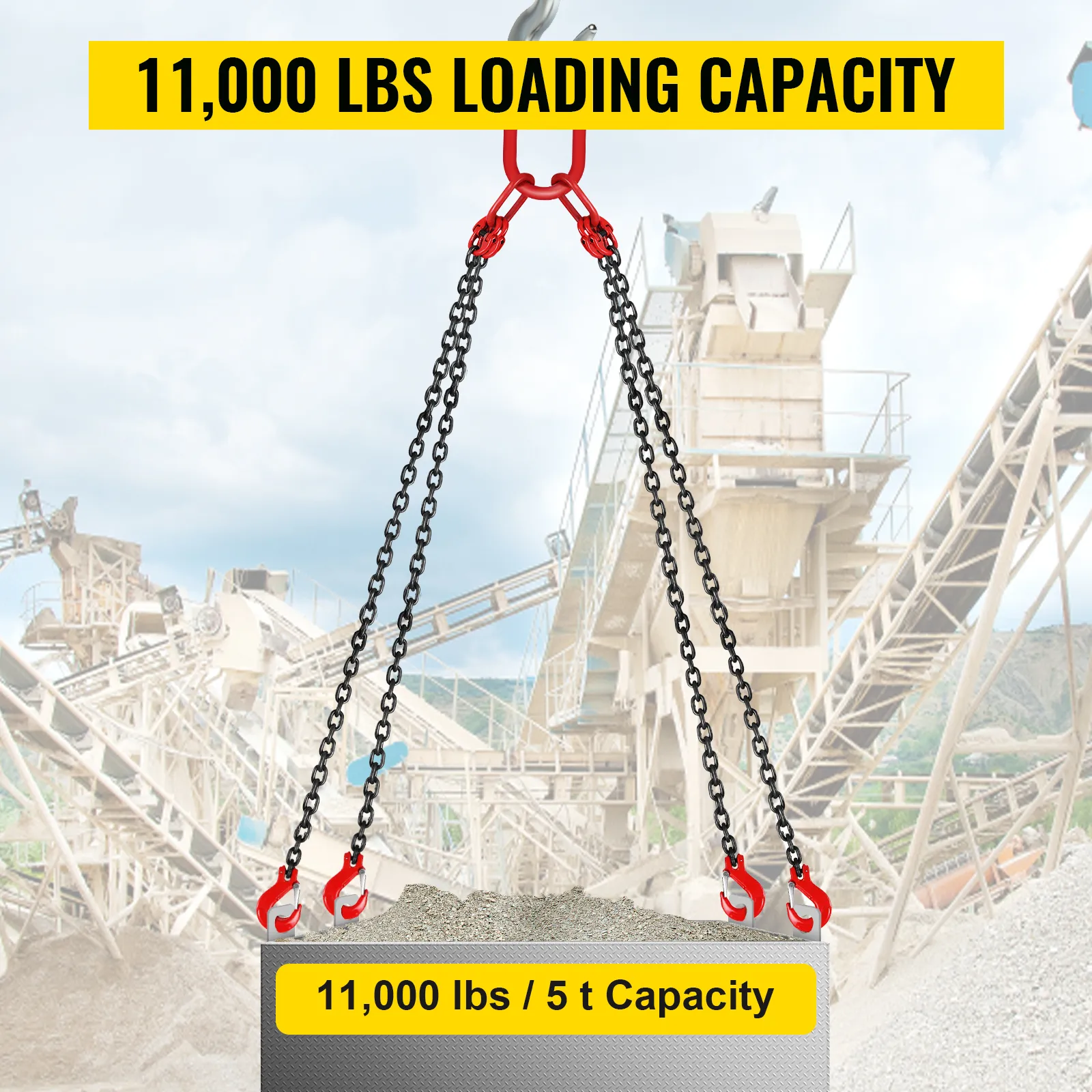 VEVOR engine lift chain with 11,000 lbs loading capacity in an industrial setting.