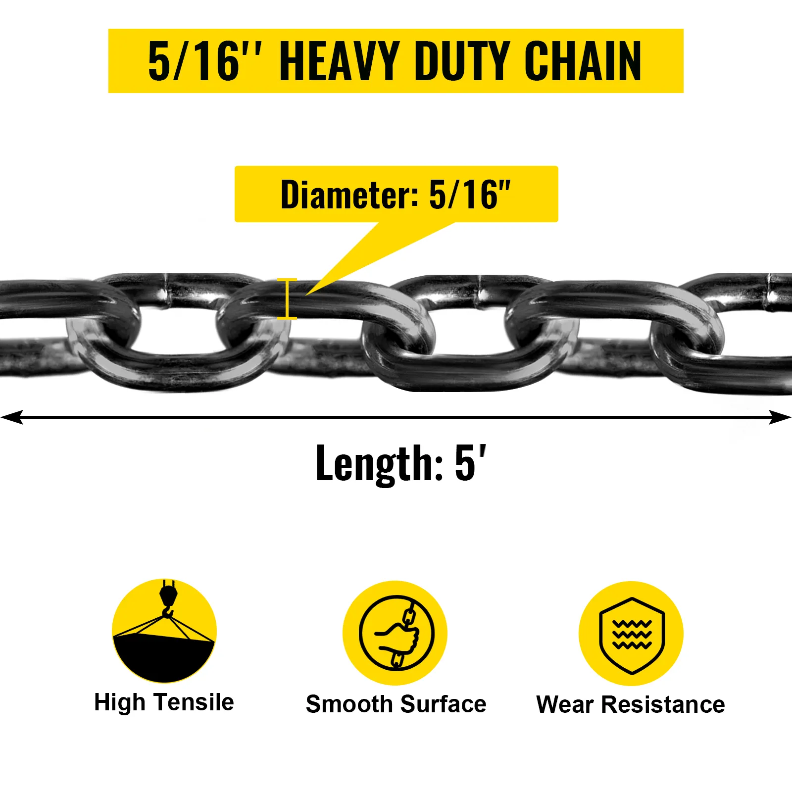 VEVOR engine lift chain: 5/16" diameter, 5' length, high tensile, smooth surface, wear-resistant.