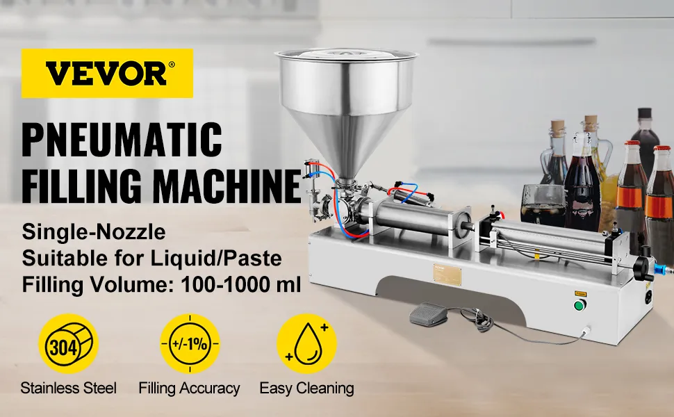 Máquina llenadora de pasta neumática VEVOR con boquilla única, volumen de 100-1000 ml, diseño de acero inoxidable.