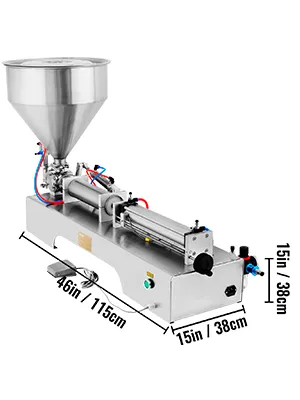 Máquina llenadora de pasta neumática VEVOR con tolva de acero inoxidable, que se muestra con dimensiones de 46 x 15 pulgadas.