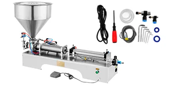 Máquina llenadora de pasta neumática VEVOR con accesorios que incluyen herramientas, mangueras y accesorios.