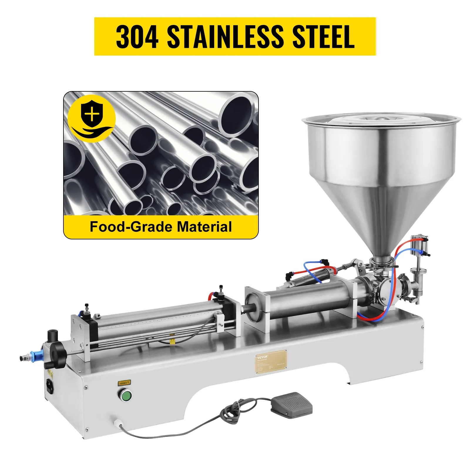 Máquina llenadora de pasta neumática VEVOR con acero inoxidable 304 apto para uso alimentario y tolva grande.