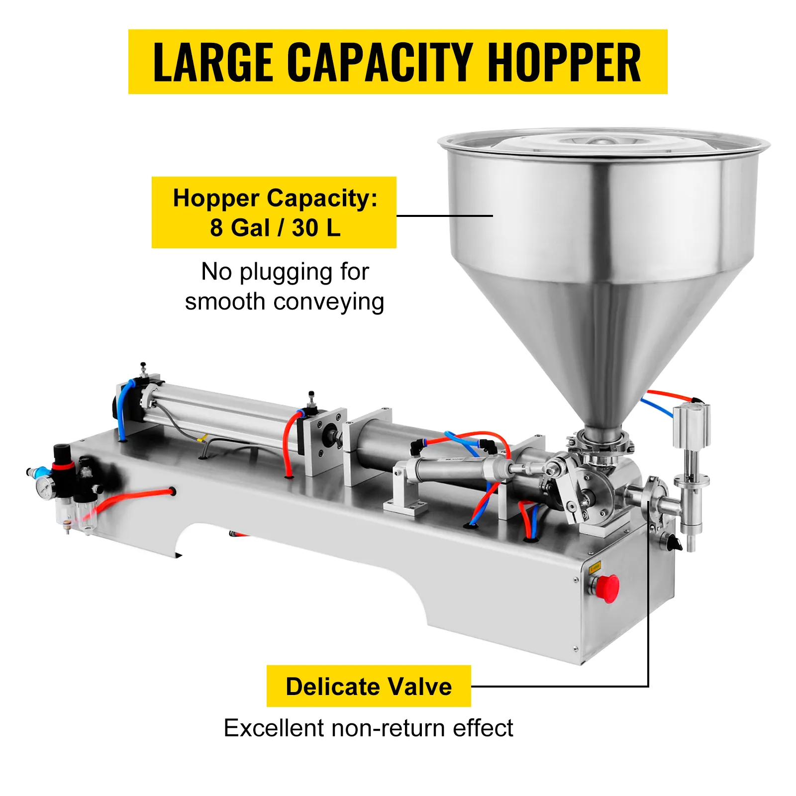 Máquina llenadora de pasta neumática VEVOR con tolva grande de 8 gal/30 l de capacidad y delicada válvula antirretorno.