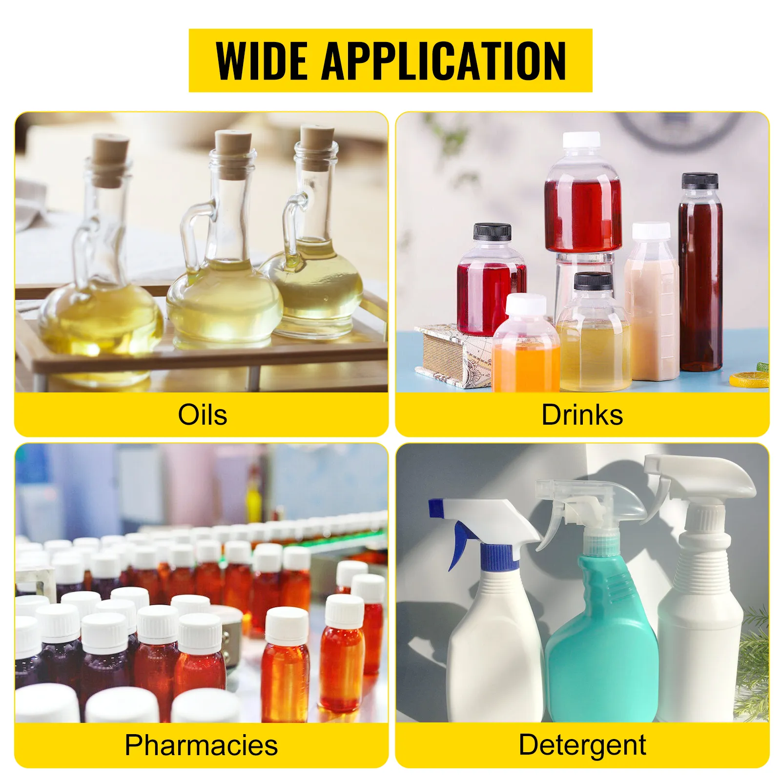 Amplia aplicación de la máquina llenadora de pasta neumática VEVOR; útil para aceites, bebidas, farmacias y detergentes.
