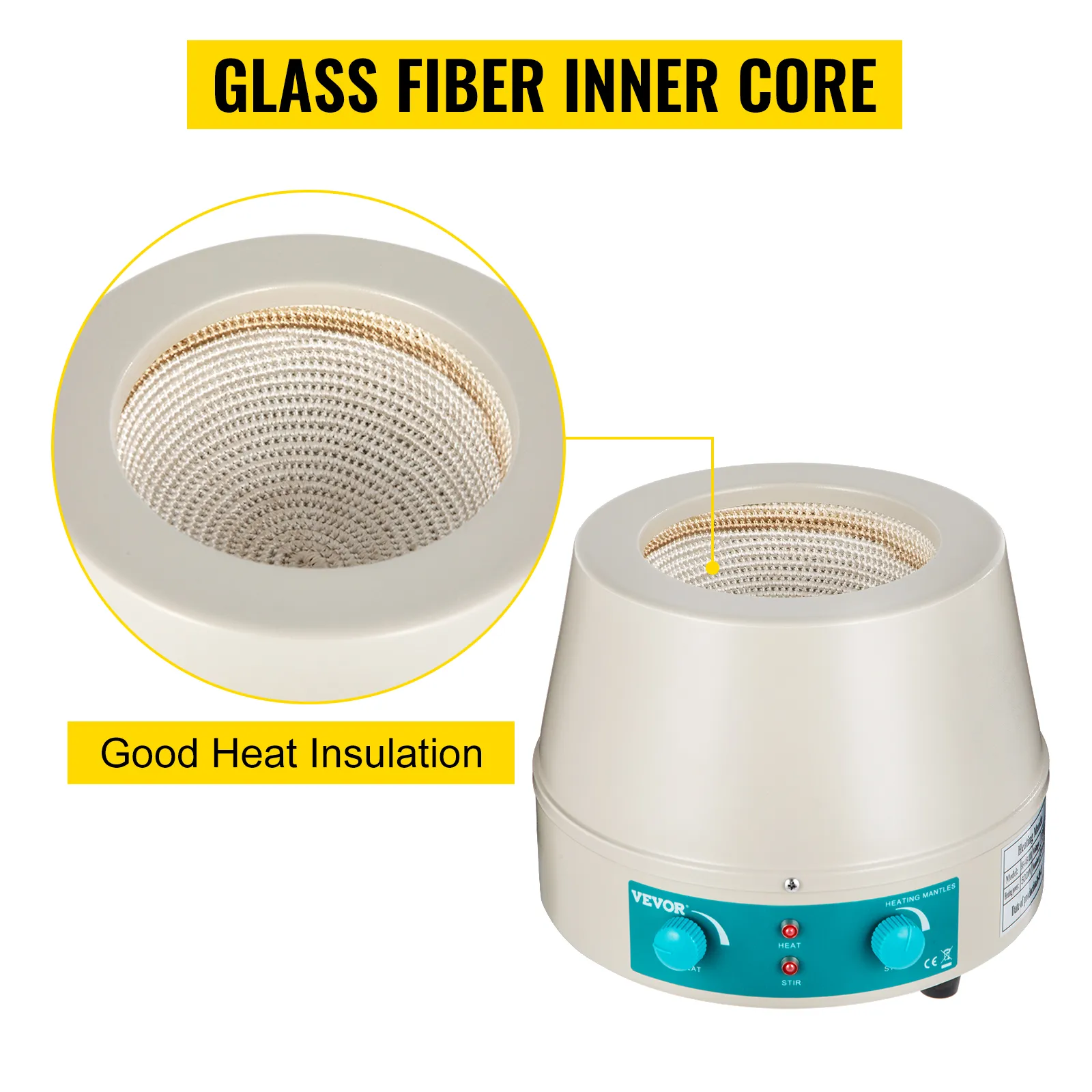 VEVOR verwarmingsmantel 1000ml met glasvezel binnenkern voor goede warmte-isolatie.