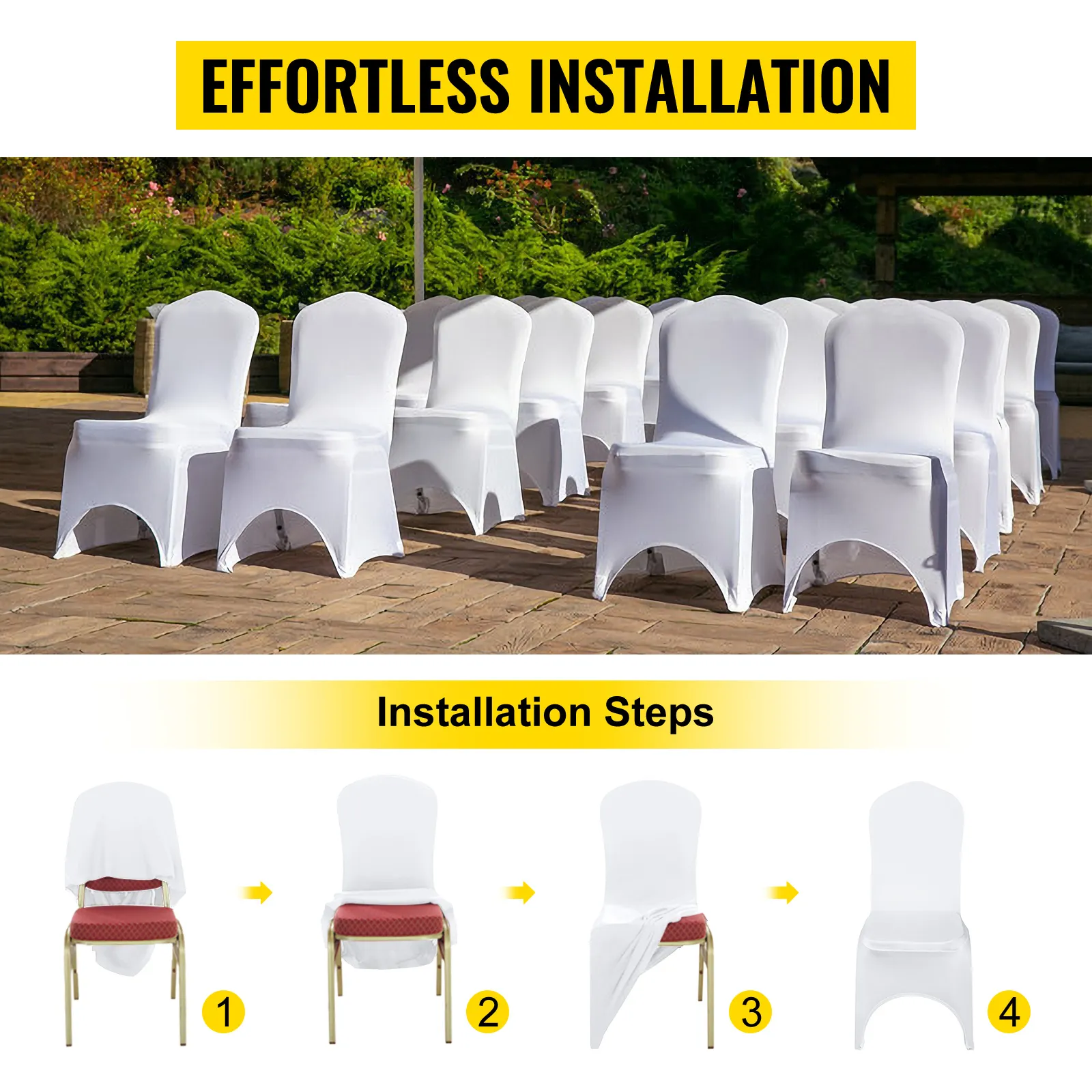 Pokrowce na krzesła VEVOR z elastycznego spandexu, pokazane na zdjęciu, z łatwymi w montażu krokami.