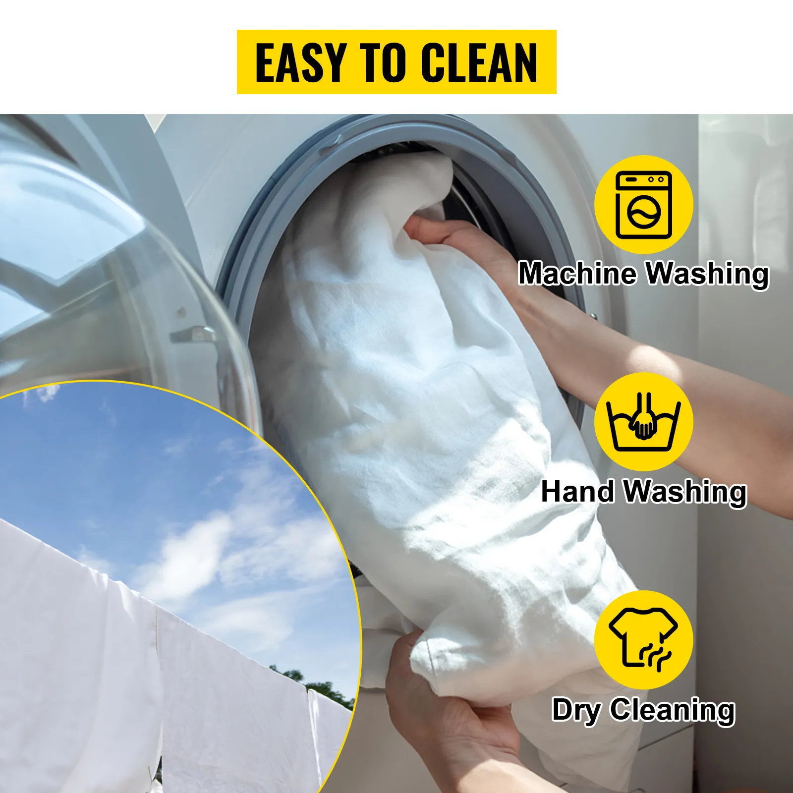 Pokrowce na krzesła VEVOR z elastycznego spandexu można łatwo czyścić w pralce, ręcznie lub prać na sucho.