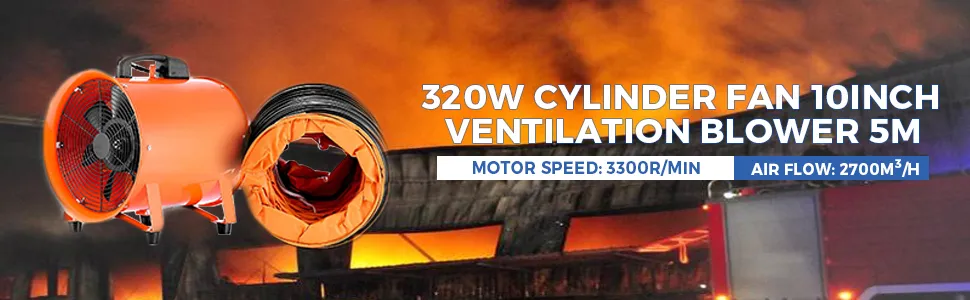 Ventilador utilitario VEVOR con manguera frente a una escena de incendio. Velocidad del motor 3300 r/min.