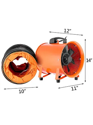 Ventilador utilitario VEVOR naranja con conducto negro flexible, 12" x 14" x 11", 10" de diámetro.