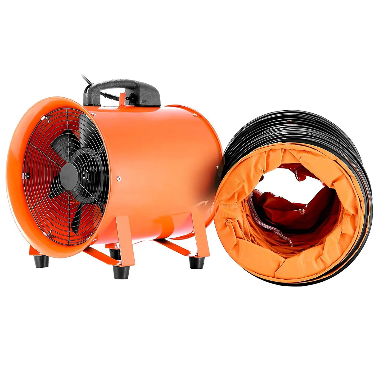 Ventilador utilitario VEVOR naranja con accesorio de manguera plegada sobre fondo blanco.