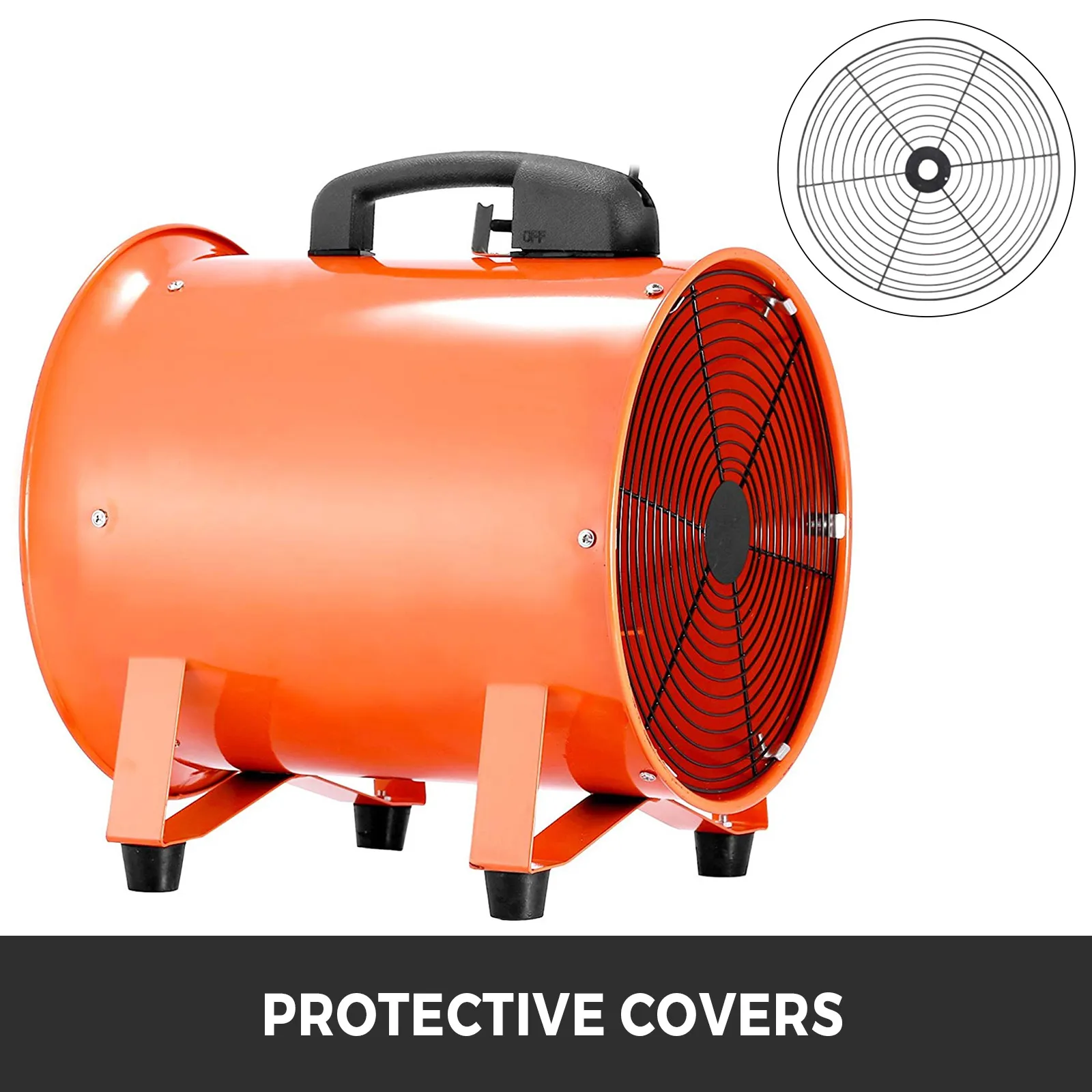 Ventilador utilitario VEVOR naranja con mango y cubiertas protectoras.