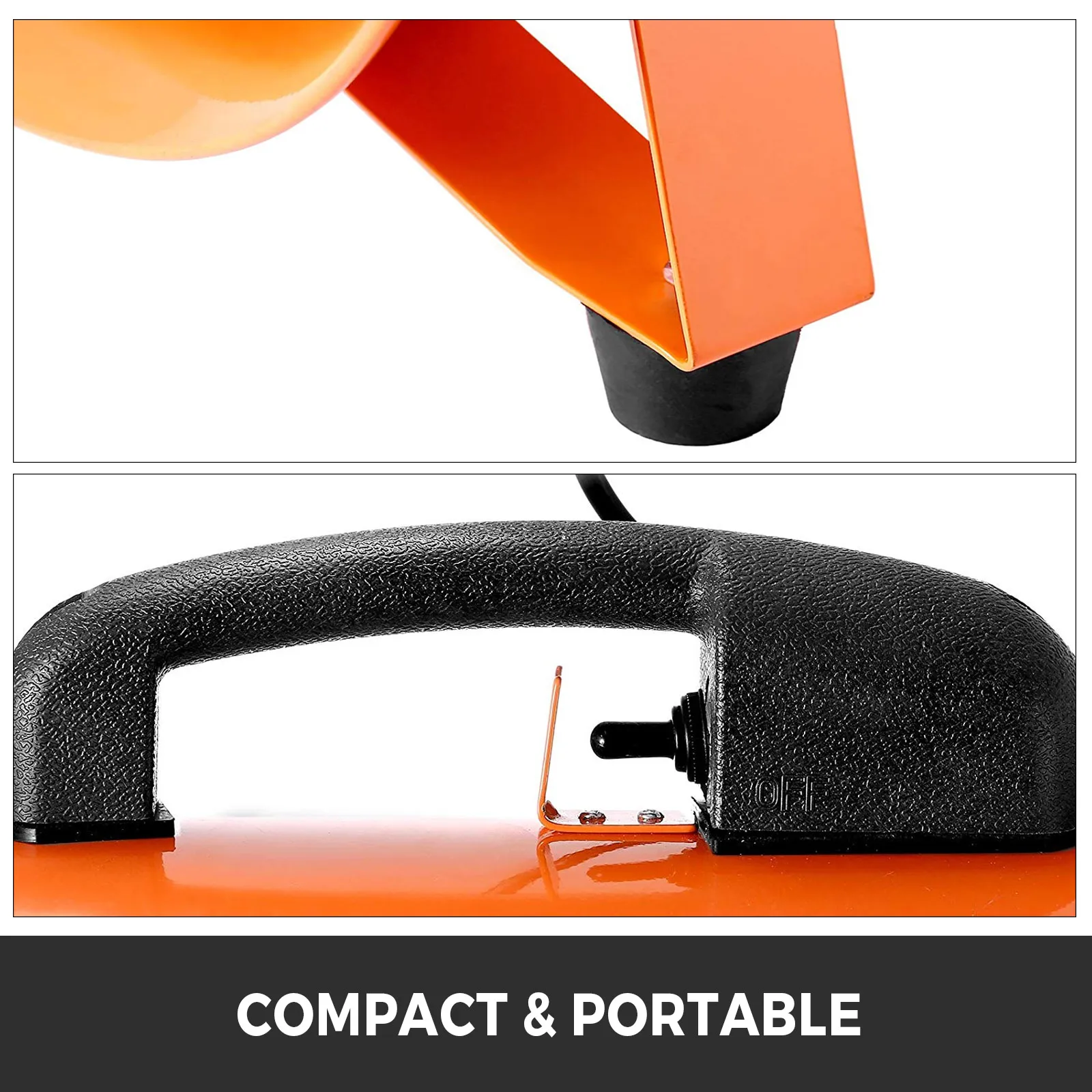Ventilador utilitario VEVOR: ventilador naranja compacto y portátil con mango e interruptor.