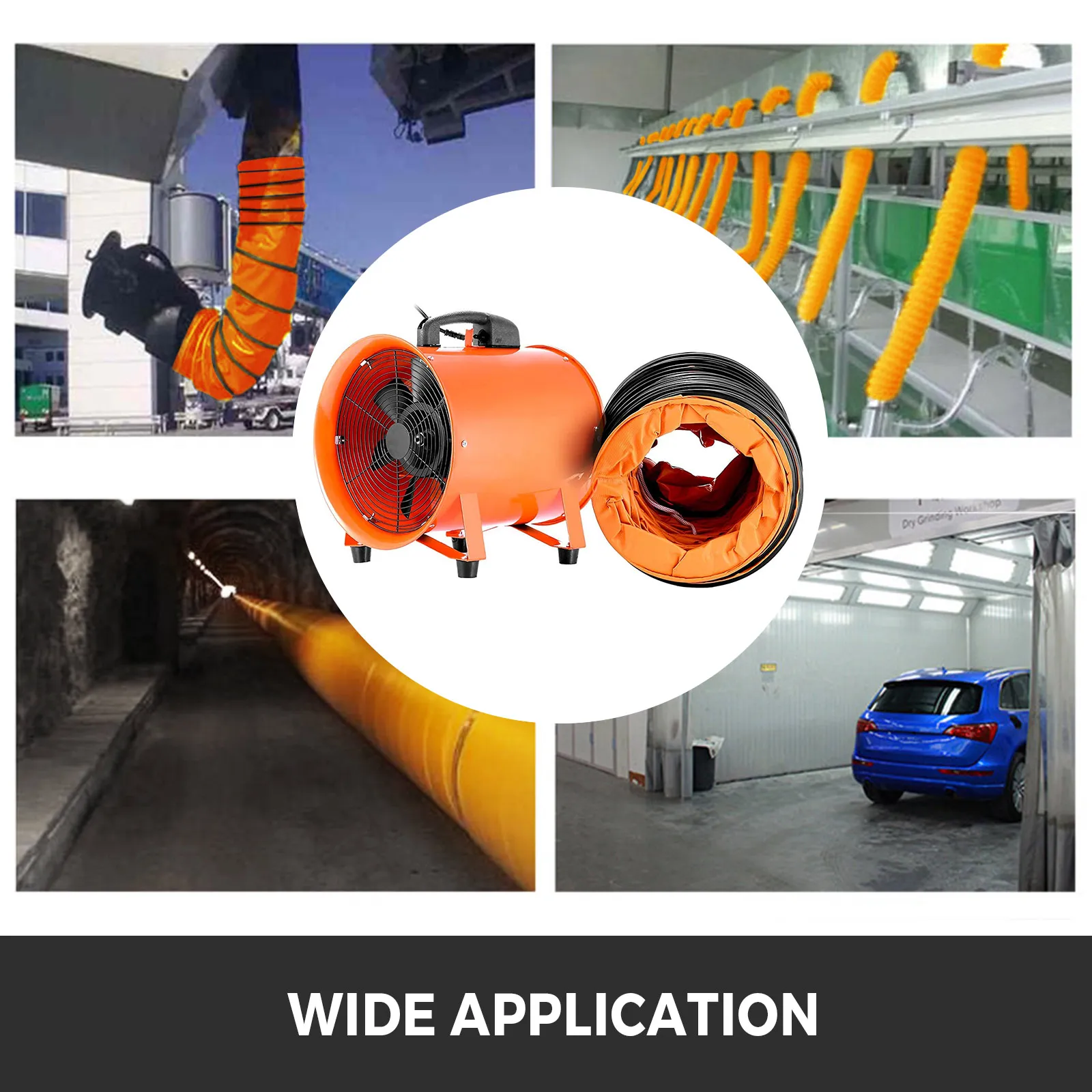 Ventilador utilitario VEVOR utilizado en diversos entornos industriales y automotrices.