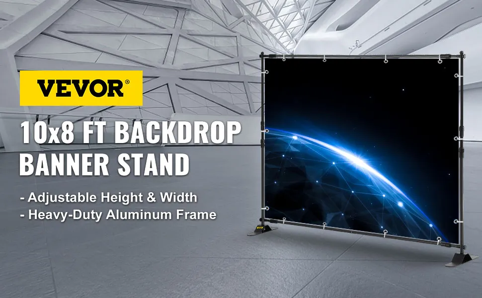 VEVOR backdrop banner stand in a modern room with adjustable aluminum frame.