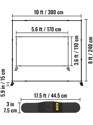 VEVOR backdrop banner stand with adjustable dimensions.