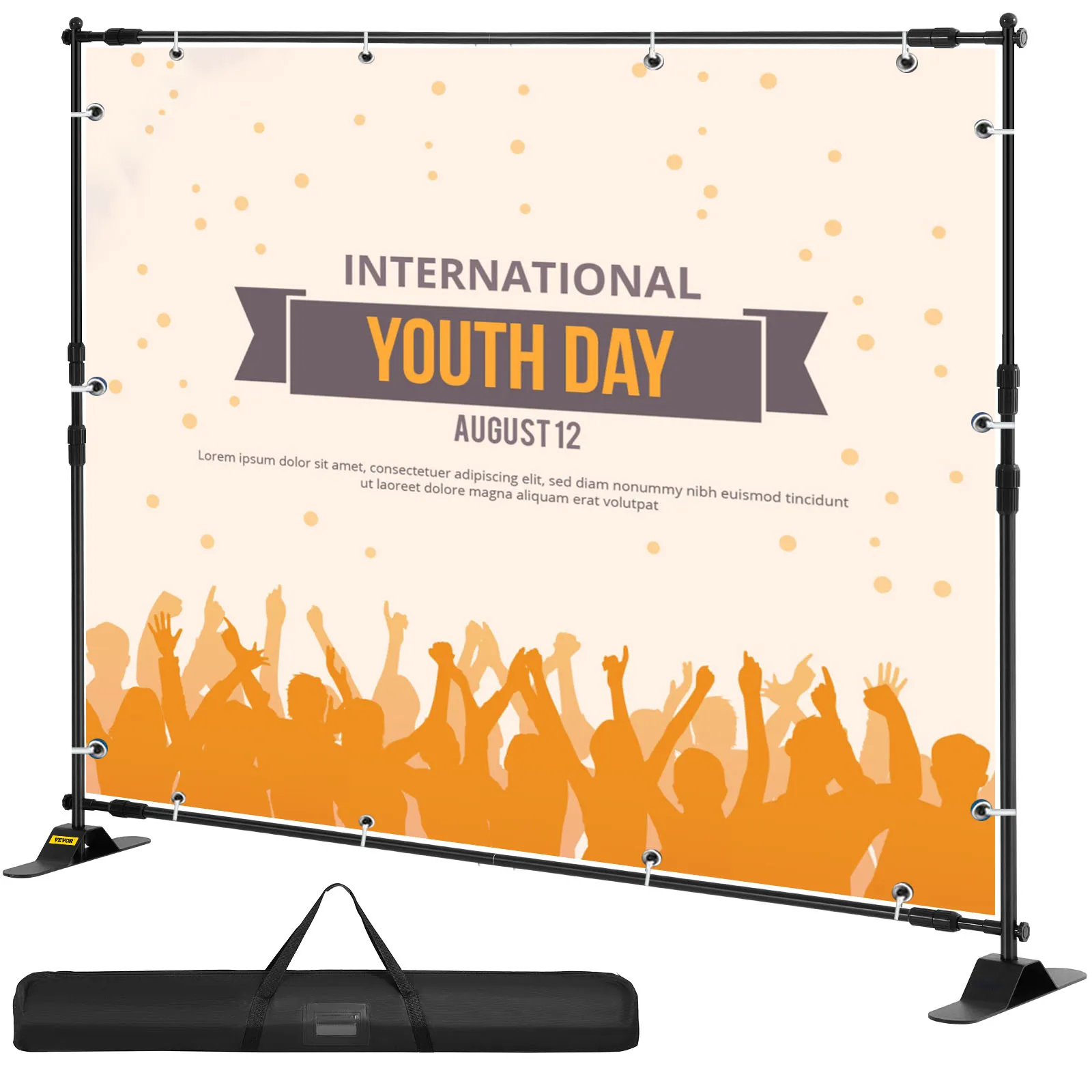VEVOR backdrop banner stand with international youth day theme and carry bag.