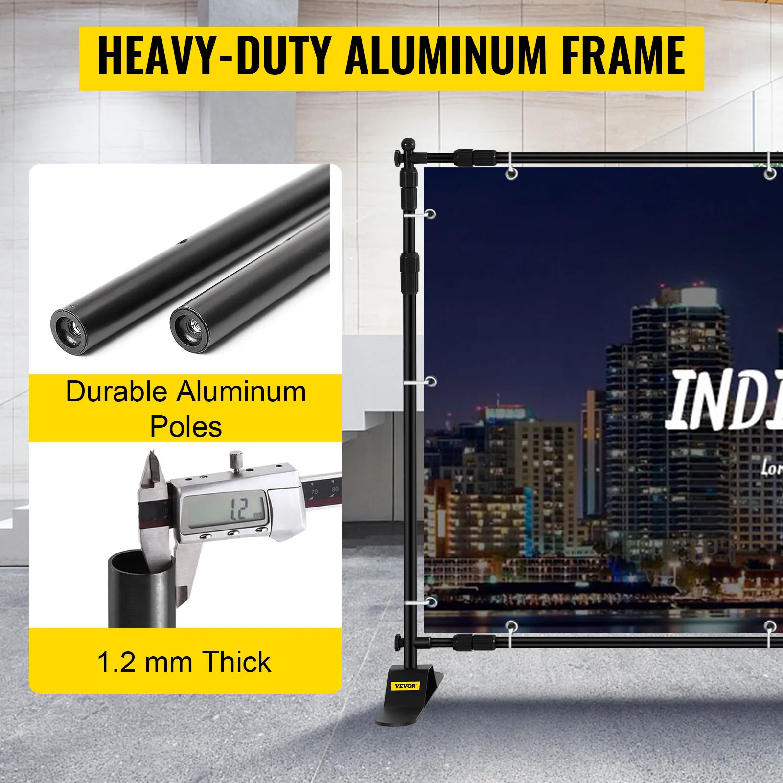 VEVOR backdrop banner stand with heavy-duty aluminum frame and durable poles.